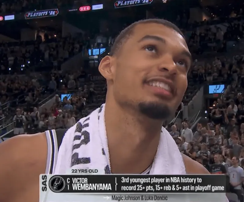 九游游戏-文班亚马季后赛历史第三年轻25+15+5，仅次于魔术师和东契奇